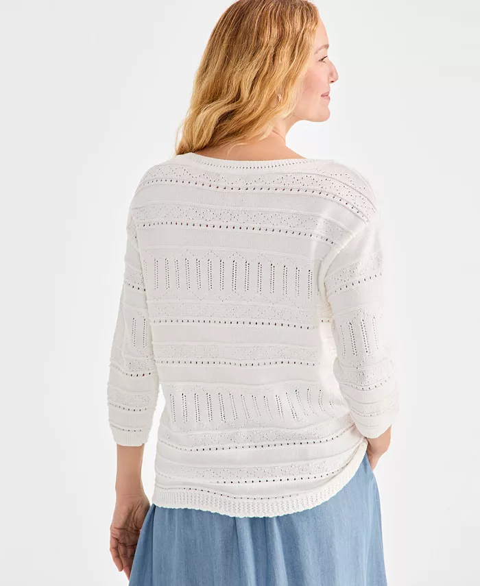 Alfani Style & Co Women's Cotton Mixed-Stitch Pointelle Sweater Exclusively At Macy's Women's Fashion Shoes & Accessories