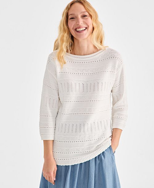 alfani Style & Co Women's Cotton Mixed-Stitch Pointelle Sweater Exclusively at Macy's Women's Fashion Shoes & Accessories