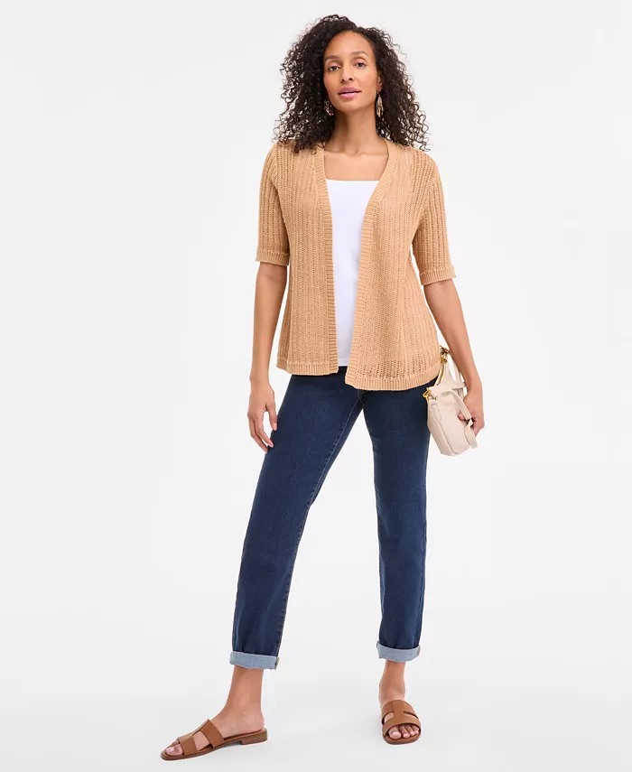 Alfani Style & Co Women's Cotton Open-Front Elbow-Sleeve Cardigan Exclusively At Macy's Women's Fashion Shoes & Accessories