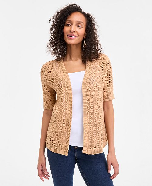 alfani Style & Co Women's Cotton Open-Front Elbow-Sleeve Cardigan Exclusively at Macy's Women's Fashion Shoes & Accessories