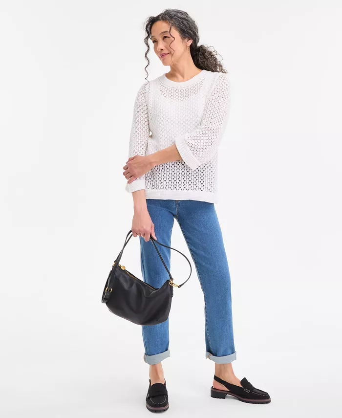Alfani Style & Co Women's Cotton Open-Knit 3/4-Sleeve Sweater Exclusively At Macy's Women's Fashion Shoes & Accessories
