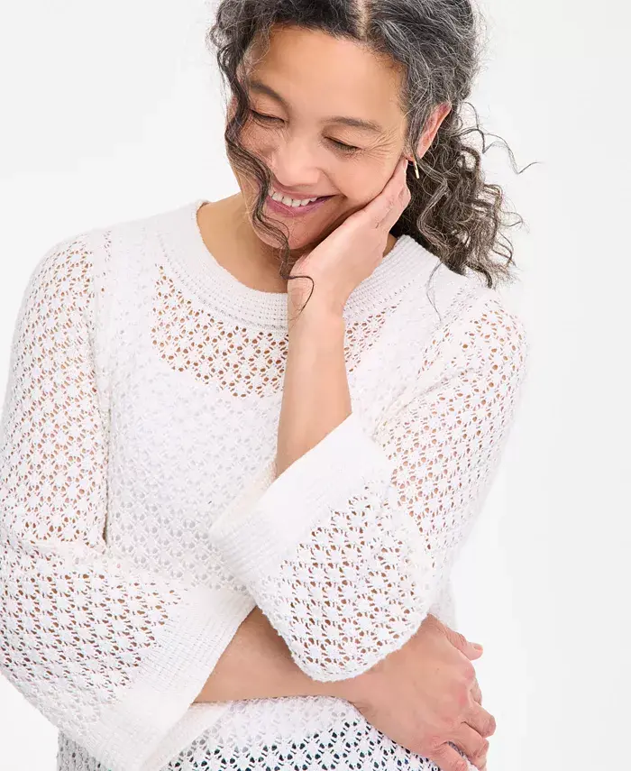 Alfani Style & Co Women's Cotton Open-Knit 3/4-Sleeve Sweater Exclusively At Macy's Women's Fashion Shoes & Accessories