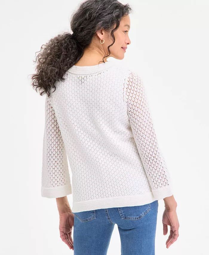 Alfani Style & Co Women's Cotton Open-Knit 3/4-Sleeve Sweater Exclusively At Macy's Women's Fashion Shoes & Accessories