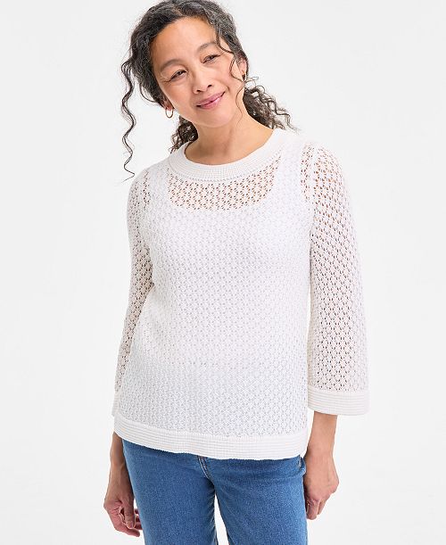 alfani Style & Co Women's Cotton Open-Knit 3/4-Sleeve Sweater Exclusively at Macy's Women's Fashion Shoes & Accessories