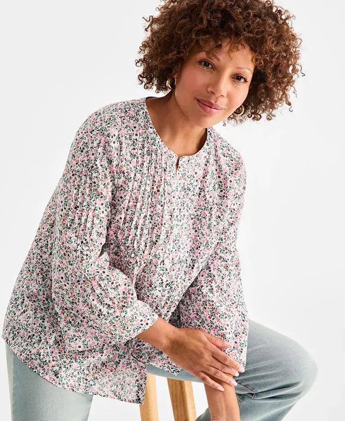 Alfani Style & Co Women's Cotton Printed 3/4-Sleeve Blouse Exclusively At Macy's Women's Fashion Shoes & Accessories