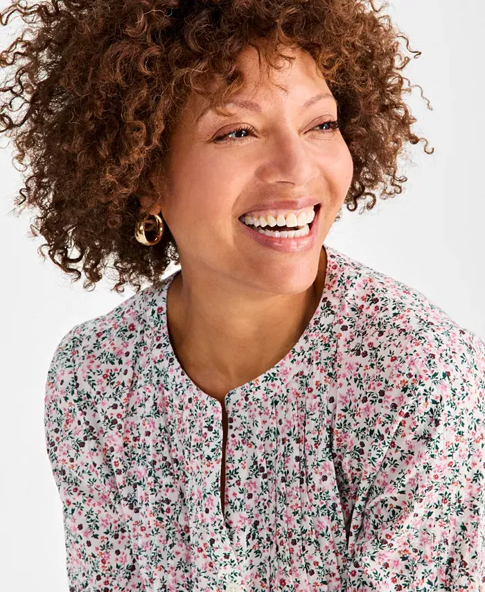 Alfani Style & Co Women's Cotton Printed 3/4-Sleeve Blouse Exclusively At Macy's Women's Fashion Shoes & Accessories
