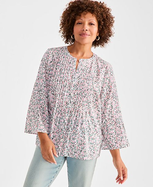 alfani Style & Co Women's Cotton Printed 3/4-Sleeve Blouse Exclusively at Macy's Women's Fashion Shoes & Accessories