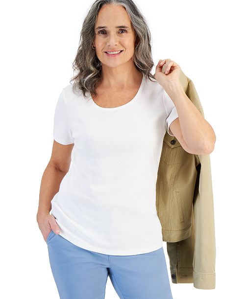 alfani Style & Co Women's Cotton Short-Sleeve Scoop-Neck Top Exclusively at Macy's Women's Fashion Shoes & Accessories