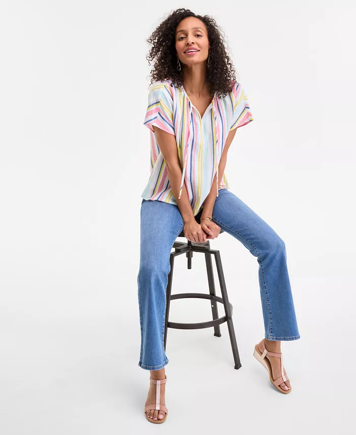 Alfani Style & Co Women's Cotton Striped Tie-Neck Dolman-Sleeve Top Exclusively At Macy's Women's Fashion Shoes & Accessories