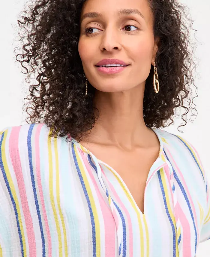 Alfani Style & Co Women's Cotton Striped Tie-Neck Dolman-Sleeve Top Exclusively At Macy's Women's Fashion Shoes & Accessories