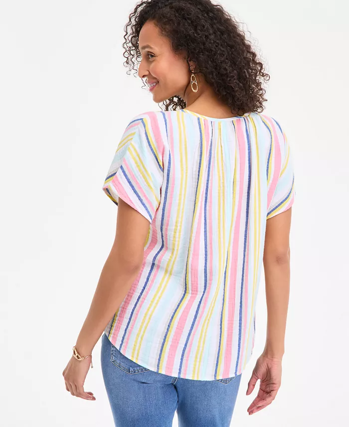 Alfani Style & Co Women's Cotton Striped Tie-Neck Dolman-Sleeve Top Exclusively At Macy's Women's Fashion Shoes & Accessories