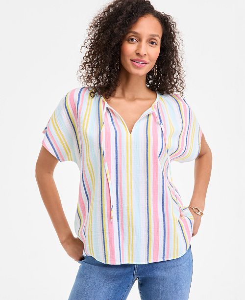 alfani Style & Co Women's Cotton Striped Tie-Neck Dolman-Sleeve Top Exclusively at Macy's Women's Fashion Shoes & Accessories