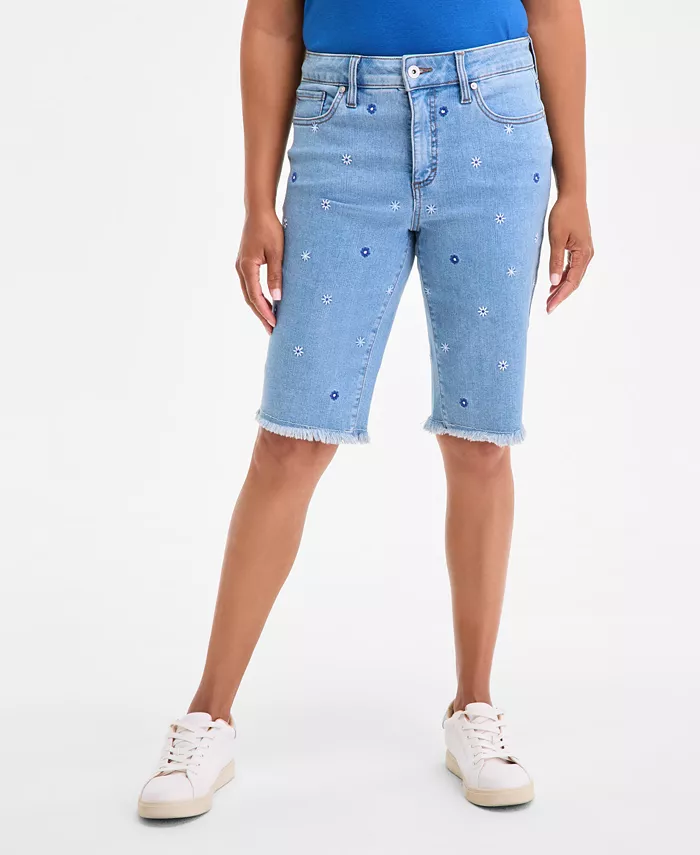 Alfani Style & Co Women's Embroidered Mid-Rise Denim Bermuda Shorts Exclusively At Macy's Women's Fashion Shoes & Accessories