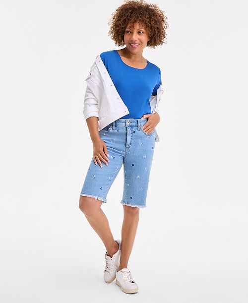 alfani Style & Co Women's Embroidered Mid-Rise Denim Bermuda Shorts Exclusively at Macy's Women's Fashion Shoes & Accessories