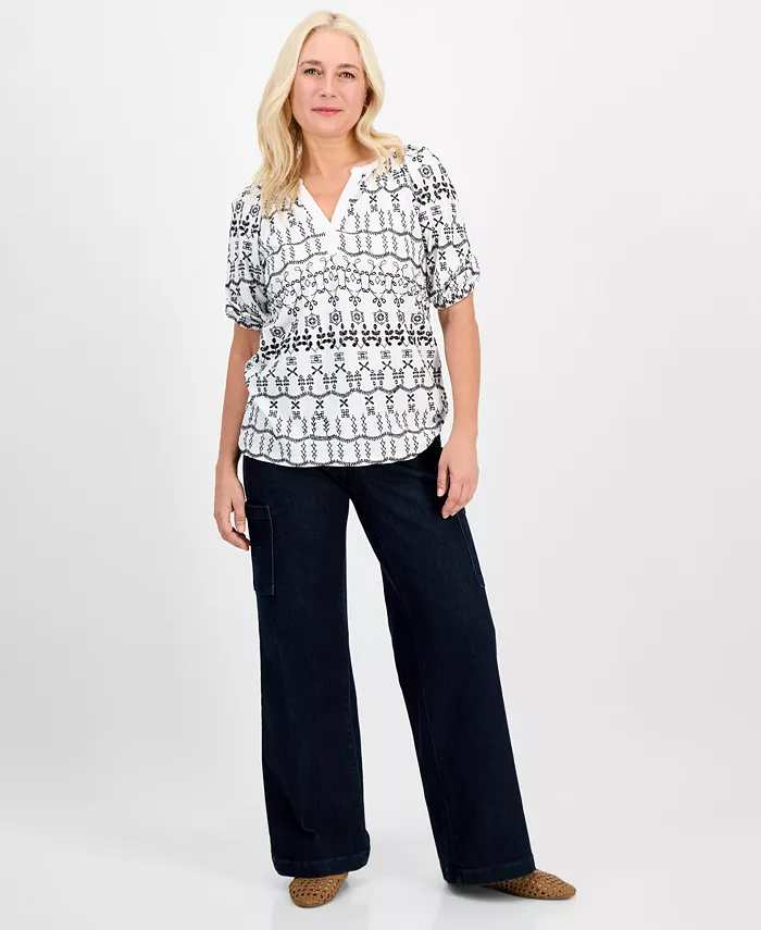 Alfani Style & Co Women's Eyelet Split-Neck Blouse Exclusively At Macy's Women's Fashion Shoes & Accessories