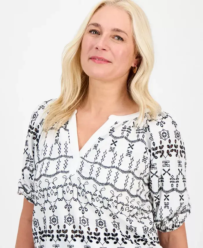 Alfani Style & Co Women's Eyelet Split-Neck Blouse Exclusively At Macy's Women's Fashion Shoes & Accessories