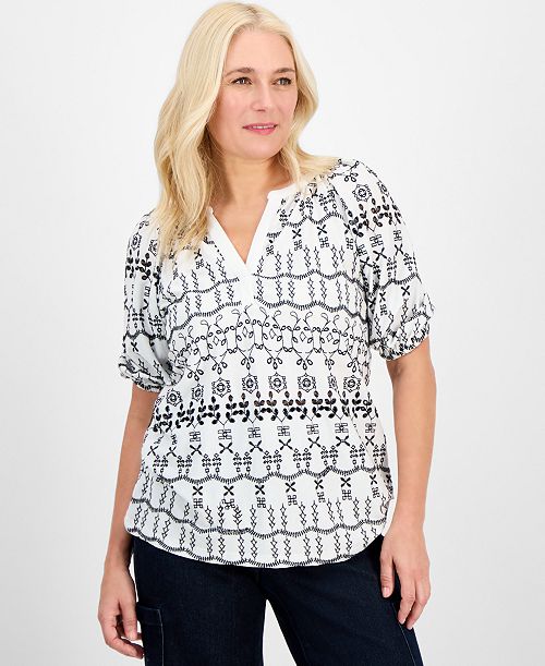 alfani Style & Co Women's Eyelet Split-Neck Blouse Exclusively at Macy's Women's Fashion Shoes & Accessories