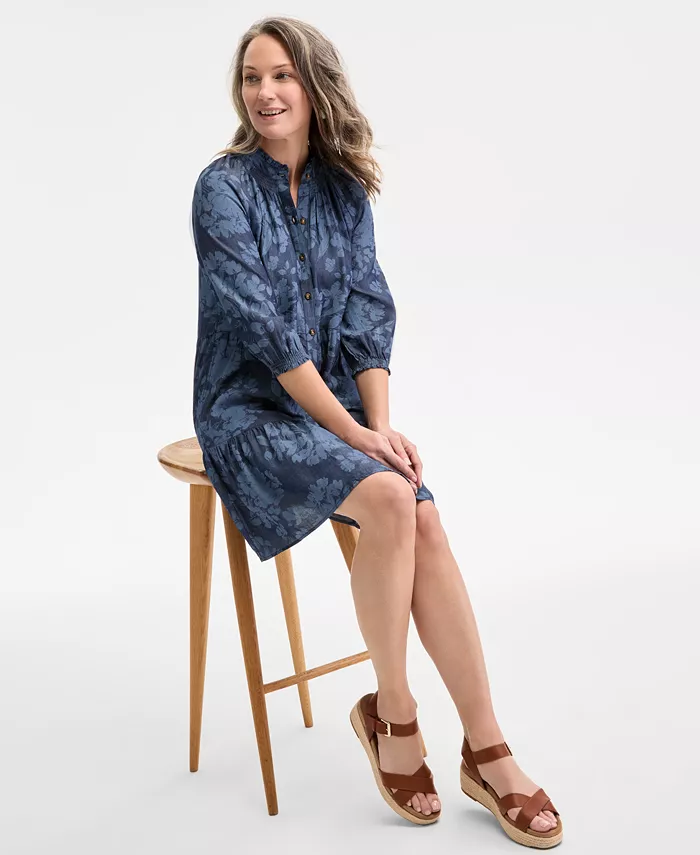 Alfani Style & Co Women's Floral Chambray 3/4-Sleeve Tiered Dress Exclusively At Macy's Women's Fashion Shoes & Accessories