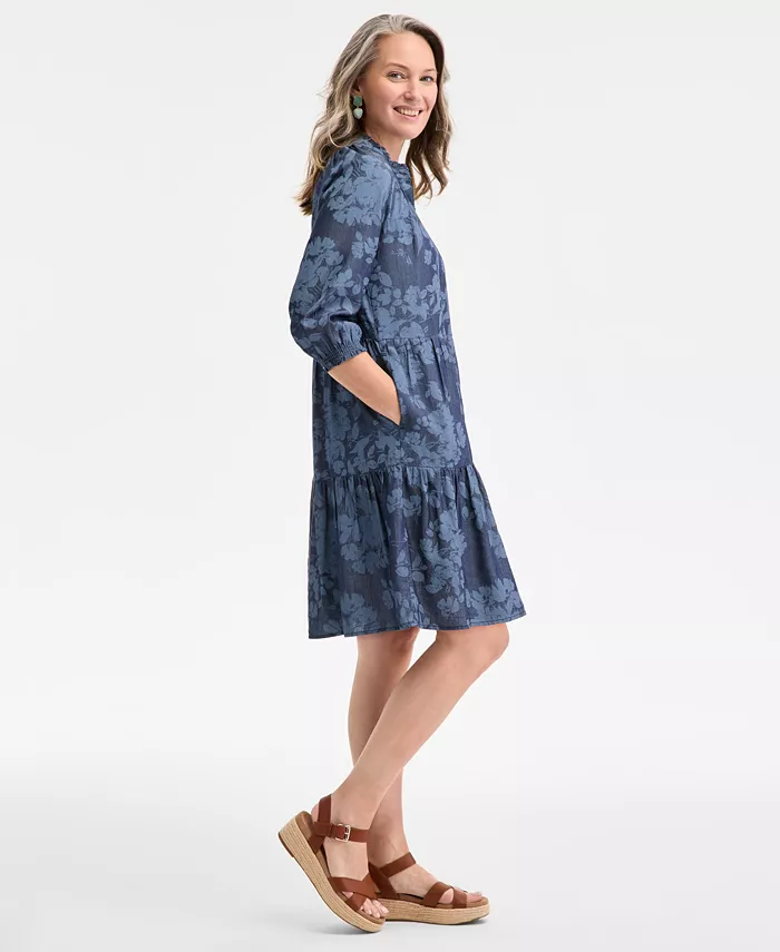 Alfani Style & Co Women's Floral Chambray 3/4-Sleeve Tiered Dress Exclusively At Macy's Women's Fashion Shoes & Accessories