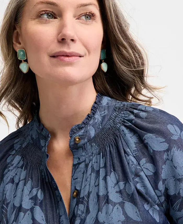 Alfani Style & Co Women's Floral Chambray 3/4-Sleeve Tiered Dress Exclusively At Macy's Women's Fashion Shoes & Accessories