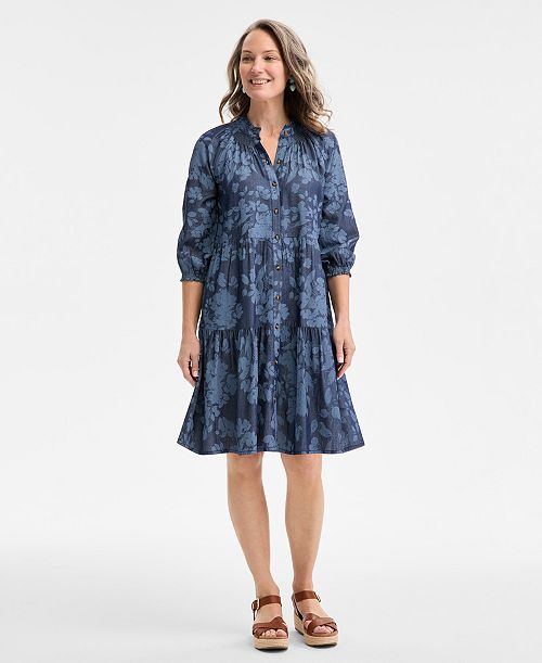 alfani Style & Co Women's Floral Chambray 3/4-Sleeve Tiered Dress Exclusively at Macy's Women's Fashion Shoes & Accessories
