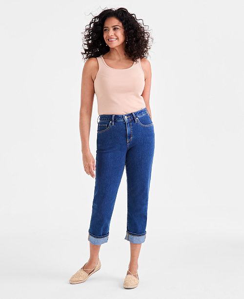 alfani Style & Co Women's High-Rise Cuffed Capri Jeans Exclusively at Macy's Women's Fashion Shoes & Accessories