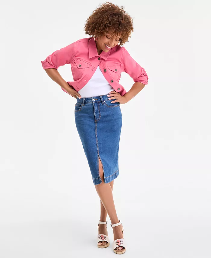 Alfani Style & Co Women's High Stretch Denim Midi Skirt Exclusively At Macy's Women's Fashion Shoes & Accessories