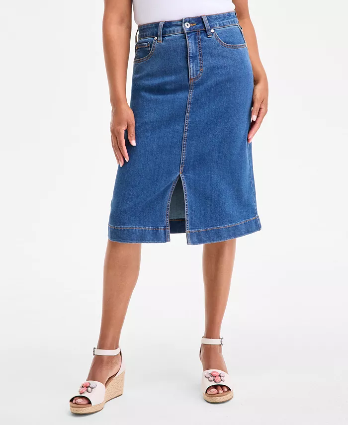 Alfani Style & Co Women's High Stretch Denim Midi Skirt Exclusively At Macy's Women's Fashion Shoes & Accessories