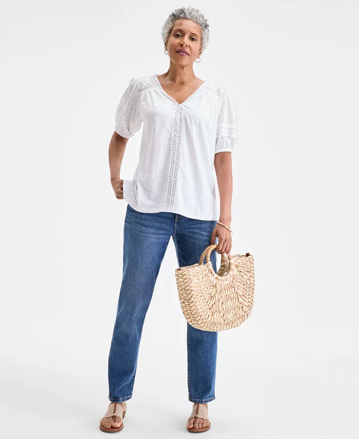 Alfani Style & Co Women's Lace-Trim V-Neck Top Exclusively At Macy's Women's Fashion Shoes & Accessories