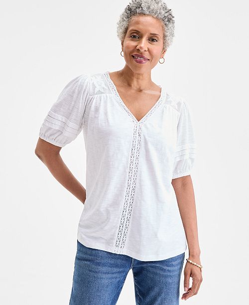 alfani Style & Co Women's Lace-Trim V-Neck Top Exclusively at Macy's Women's Fashion Shoes & Accessories