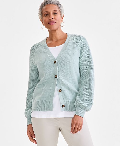 alfani Style & Co Women's Mixed Stitch Cotton Cardigan Sweater Exclusively at Macy's Women's Fashion Shoes & Accessories