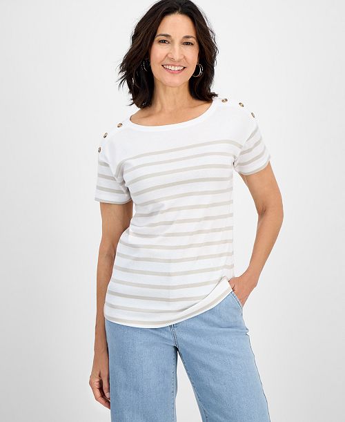 alfani Style & Co Women's Pima Cotton Button-Shoulder Top Exclusively at Macy's Women's Fashion Shoes & Accessories