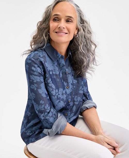alfani Style & Co Women's Printed Chambray Perfect Shirt Exclusively at Macy's Women's Fashion Shoes & Accessories