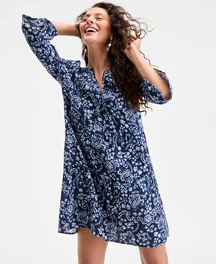 Alfani Style & Co Women's Printed Cotton Gauze 3/4-Sleeve Tiered Dress Exclusively At Macy's Women's Fashion Shoes & Accessories