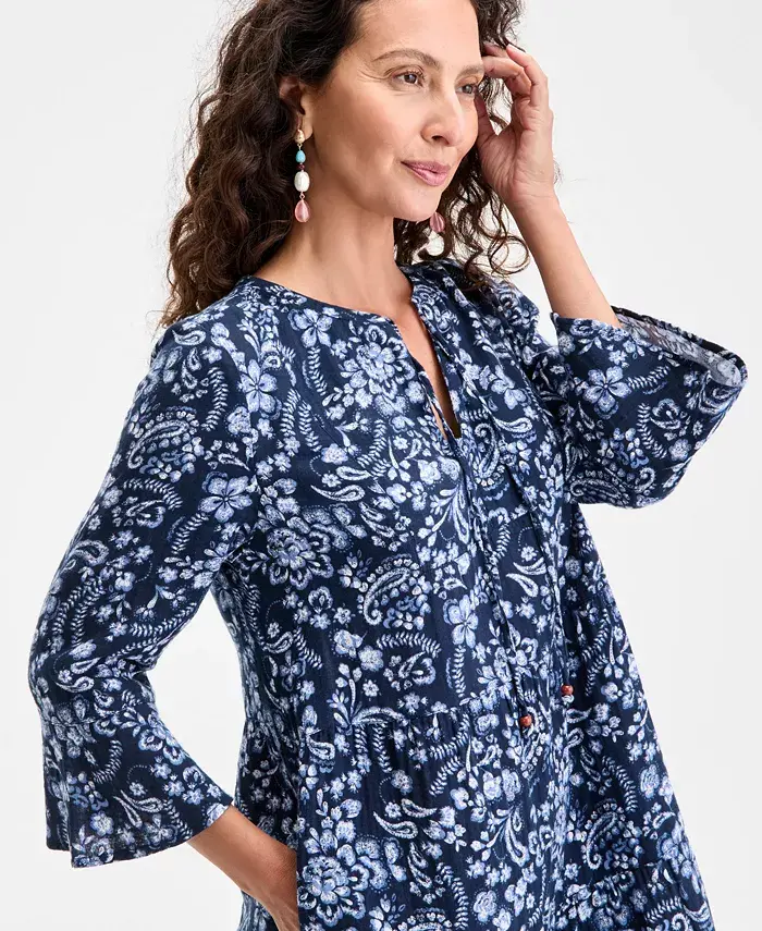 Alfani Style & Co Women's Printed Cotton Gauze 3/4-Sleeve Tiered Dress Exclusively At Macy's Women's Fashion Shoes & Accessories
