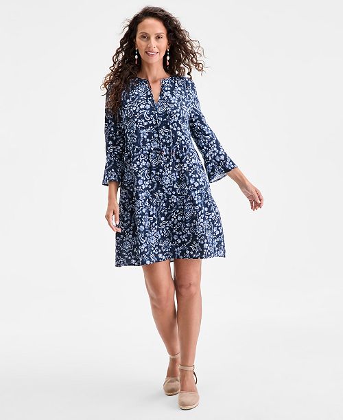 alfani Style & Co Women's Printed Cotton Gauze 3/4-Sleeve Tiered Dress Exclusively at Macy's Women's Fashion Shoes & Accessories