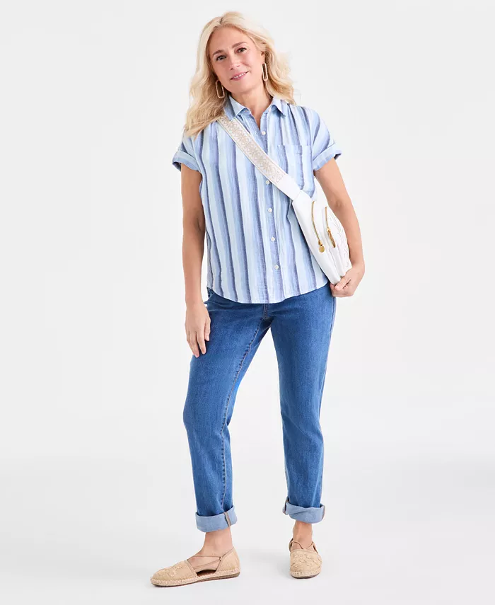 Alfani Style & Co Women's Printed Cotton Gauze Camp Shirt Exclusively At Macy's Women's Fashion Shoes & Accessories