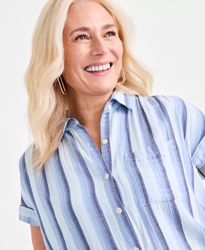 Alfani Style & Co Women's Printed Cotton Gauze Camp Shirt Exclusively At Macy's Women's Fashion Shoes & Accessories