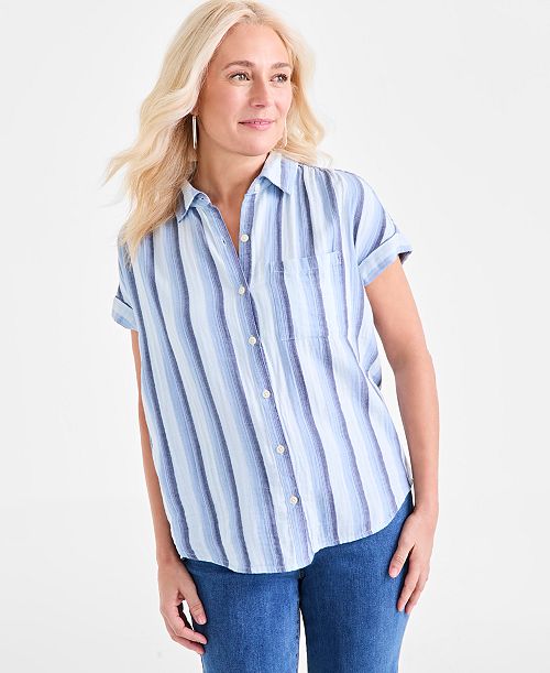 alfani Style & Co Women's Printed Cotton Gauze Camp Shirt Exclusively at Macy's Women's Fashion Shoes & Accessories