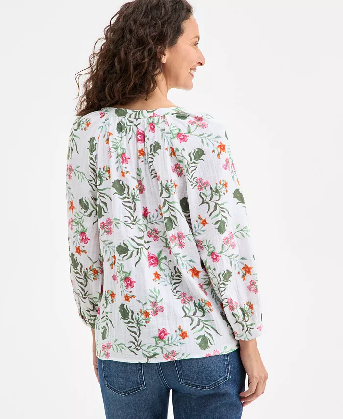 Alfani Style & Co Women's Printed Cotton Gauze Split-Neck Blouse Exclusively At Macy's Women's Fashion Shoes & Accessories