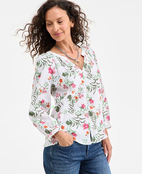 alfani Style & Co Women's Printed Cotton Gauze Split-Neck Blouse Exclusively at Macy's Women's Fashion Shoes & Accessories