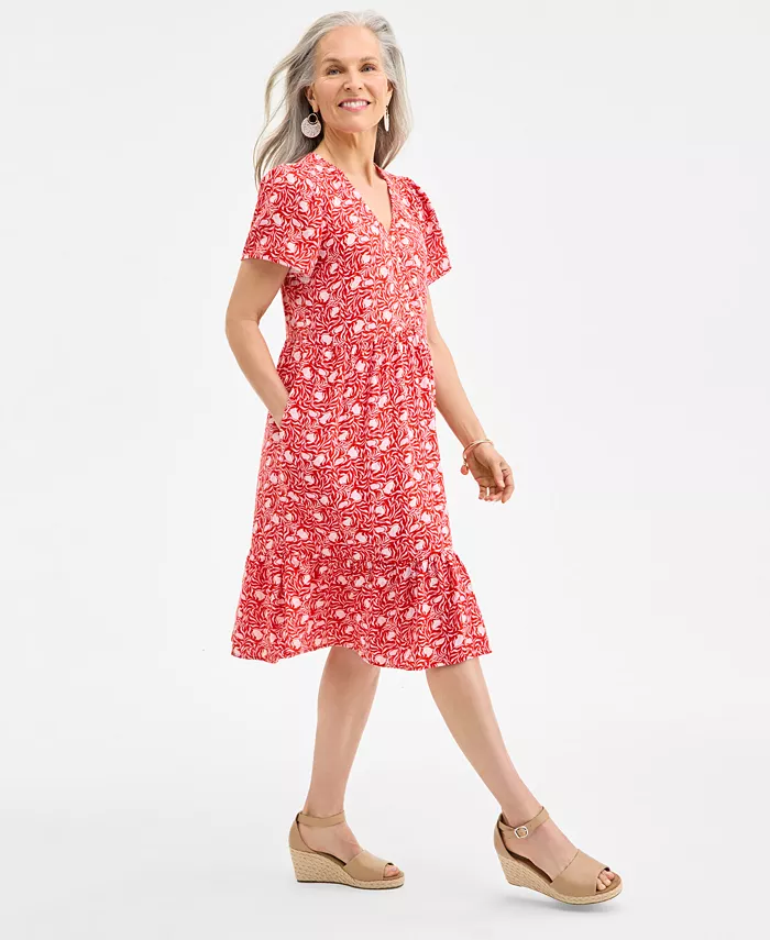 Alfani Style & Co Women's Printed Cotton Gauze V-Neck Midi Dress Exclusively At Macy's Women's Fashion Shoes & Accessories