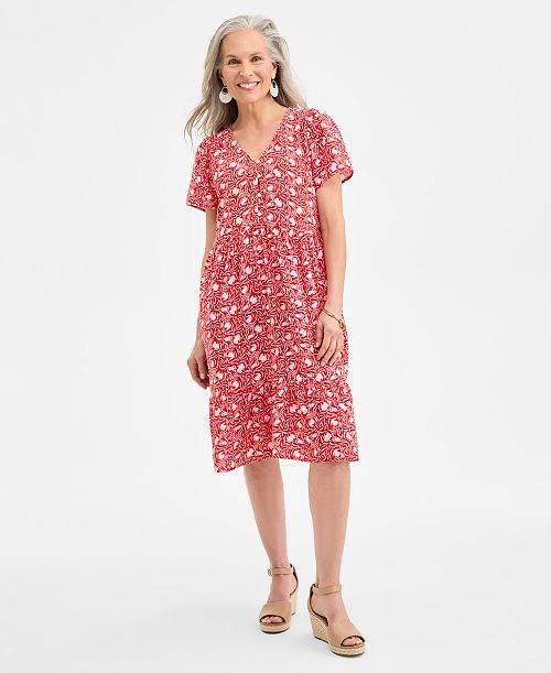 alfani Style & Co Women's Printed Cotton Gauze V-Neck Midi Dress Exclusively at Macy's Women's Fashion Shoes & Accessories