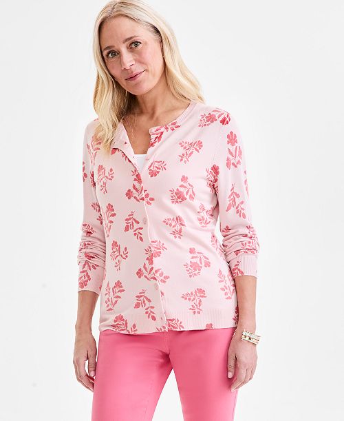 alfani Style & Co Women's Printed Crewneck Button-Front Cardigan Exclusively at Macy's Women's Fashion Shoes & Accessories