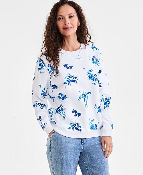 alfani Style & Co Women's Printed Crewneck Fleece Pullover Exclusively at Macy's Women's Fashion Shoes & Accessories