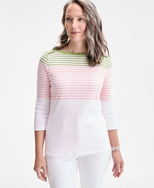 alfani Style & Co Women's Printed Pima Cotton 3/4-Sleeve Top Exclusively at Macy's Women's Fashion Shoes & Accessories