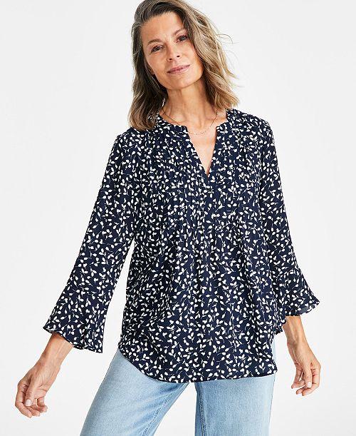 alfani Style & Co Women's Printed Pintuck Ruffle Sleeve Top Regular & Petite Created for Macy's Women's Fashion Shoes & Accessories