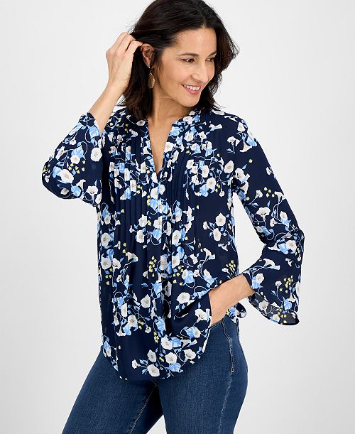 alfani Style & Co Women's Printed Pintuck Ruffle Sleeve Top Exclusively at Macy's Women's Fashion Shoes & Accessories