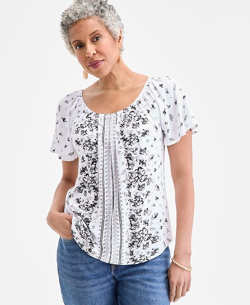 alfani Style & Co Women's Printed Scoop-Neck Top Exclusively at Macy's Women's Fashion Shoes & Accessories
