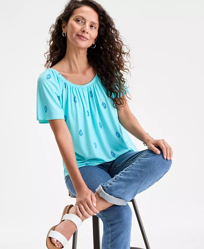 Alfani Style & Co Women's Printed Shirred Scoop-Neck Top Exclusively At Macy's Women's Fashion Shoes & Accessories